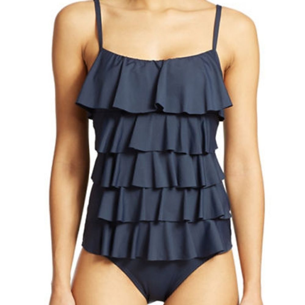 Michael Kors One Piece Sz 6 Navy Swimsuit Ruffle Maillot Swimwear